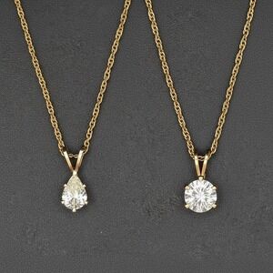 Set of 2 Gold Tone and Crystal Solitaire Pendant Necklace Pear and Round Cut